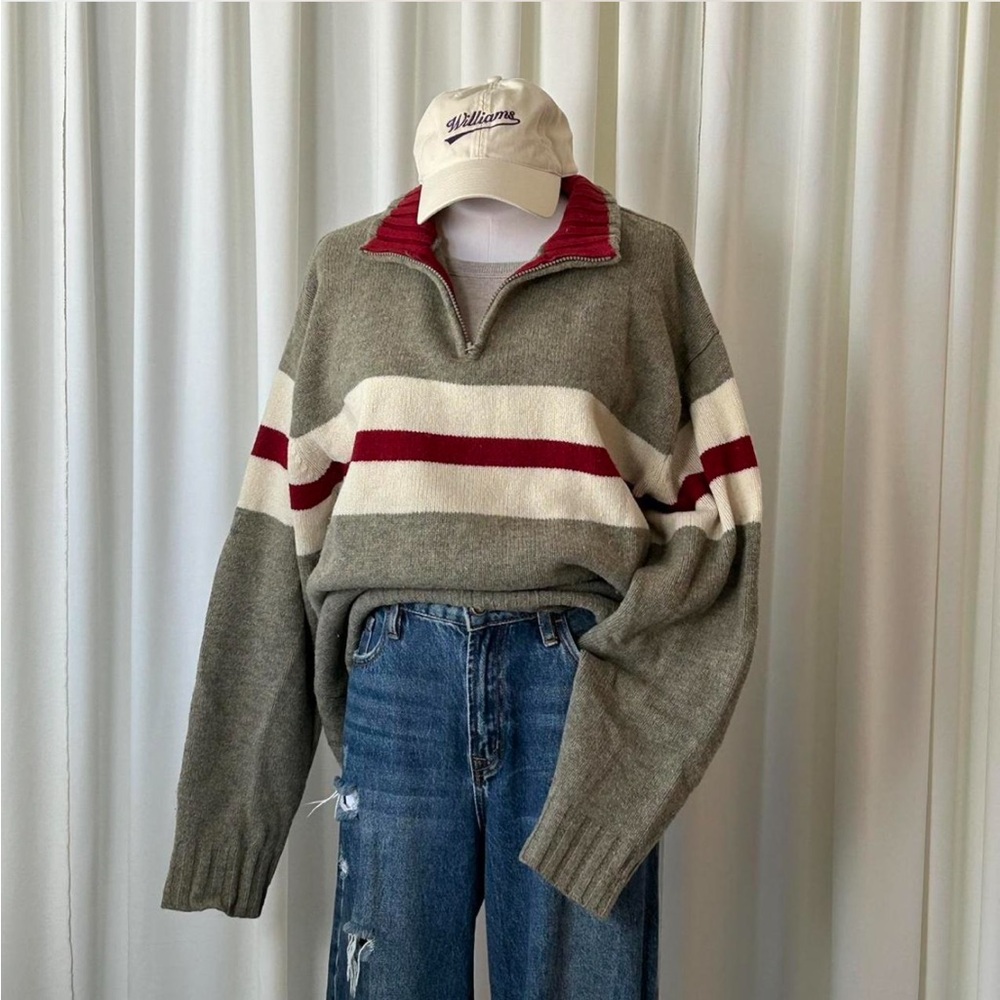 GAP Olive Green, Cream & Burgundy Half-Zip Stripe Sweater